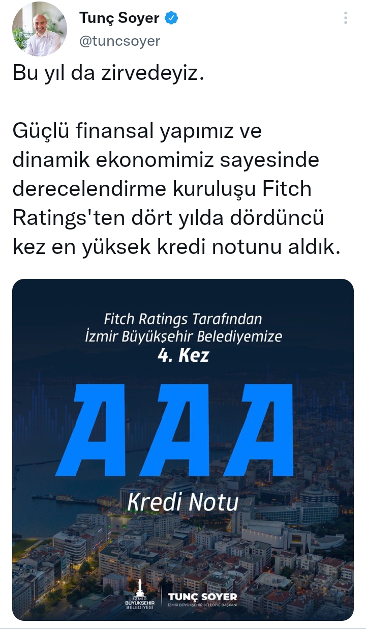 İzmir Üst Üste 4. Kez en Yüksek Kredi Notunu Aldı