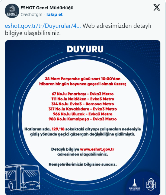 ESHOT duyurdu: O hatlar için güzergah değişikliği...