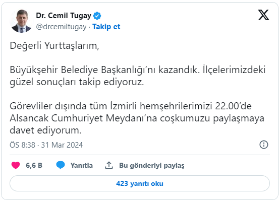 Cemil Tugay'dan flaş açıklama: Kazandık, İzmirlileri Cumhuriyet Meydanı'na davet ediyorum