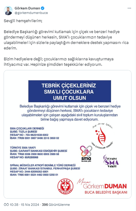 Başkan Duman, tebrik hediyeleri yerine SMA'lı çocuklara destek istedi