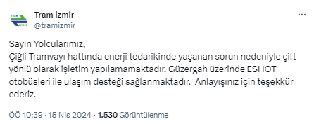 İzmirlilere önemli duyuru: Çiğli tramvayında sorun