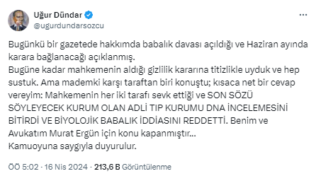 Metin Akpınar'dan sonra şimdi de Uğur Dündar'a babalık testi