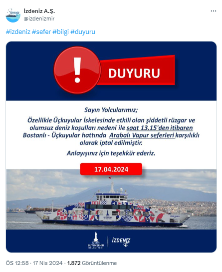 İZDENİZ'den son dakika duyurusu: Seferler iptal