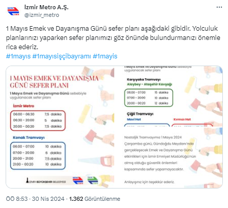 İzmir'de metro ve tramvaya 1 Mayıs ayarı