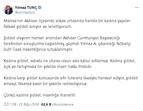 Adalet Bakanı Tunç, hamile eşini sokak ortasında döven saldırganın tutuklandığını açıkladı