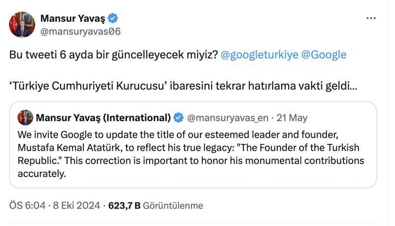Mansur Yavaş'tan Atatürk'ün "Türkiye Cumhuriyeti'nin kurucusu" unvanını kaldıran Google'a tepki