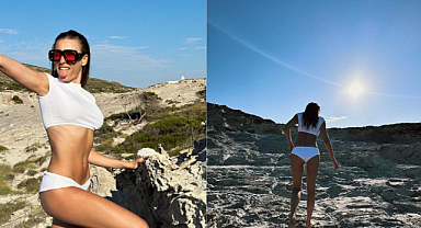 Serenay Sarıkaya kayalıklarda cesur pozlar verdi