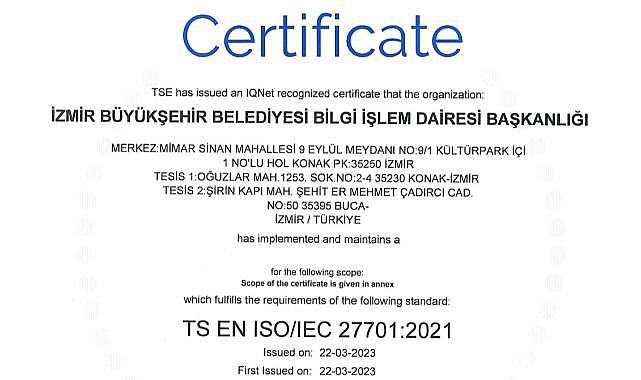 İzmir Büyükşehir Belediyesi ISO 27701 standardına sahip ilk “Büyükşehir” oldu