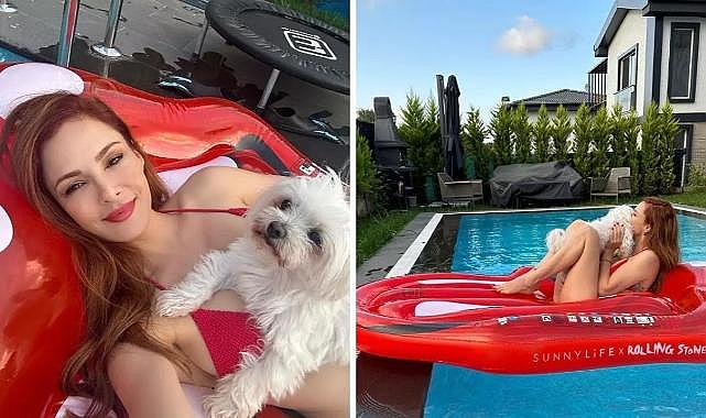 Mine Tugay&#039;ın havuzda köpeğiyle verdiği poz sosyal medyayı salladı! Yorumlar dikkat çekti