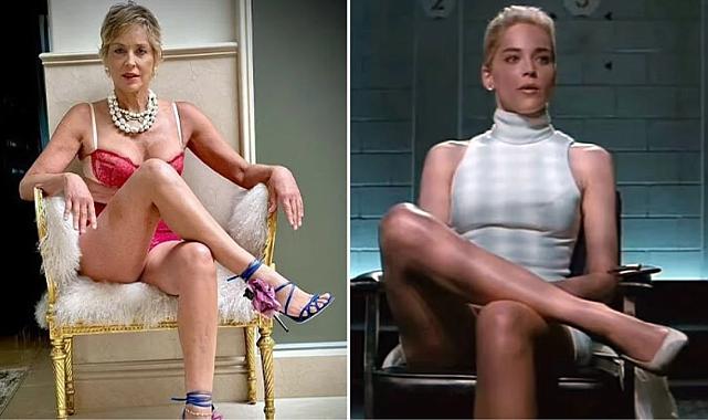Sharon Stone, &#039;Temel İçgüdü&#039; filminin ikonik sahnesini kırmızı dantel iç çamaşırı içinde tekrar canlandırdı