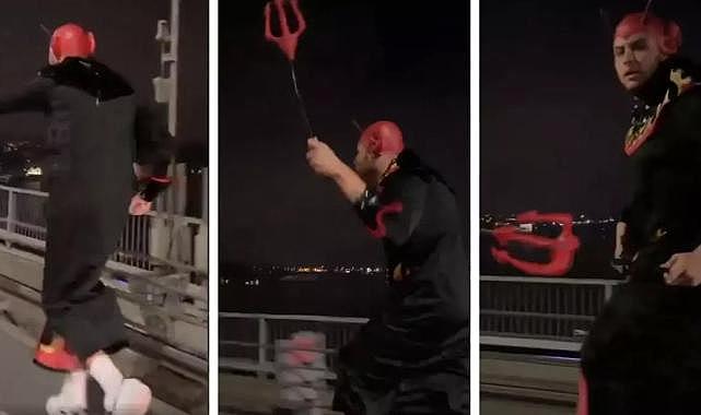 Köprüde şeytan kostümüyle koşan şahıs yakalandı