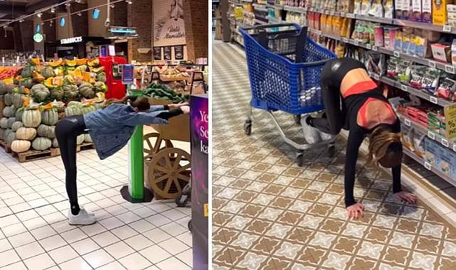 Ebru Şallı markette pilates yaptı