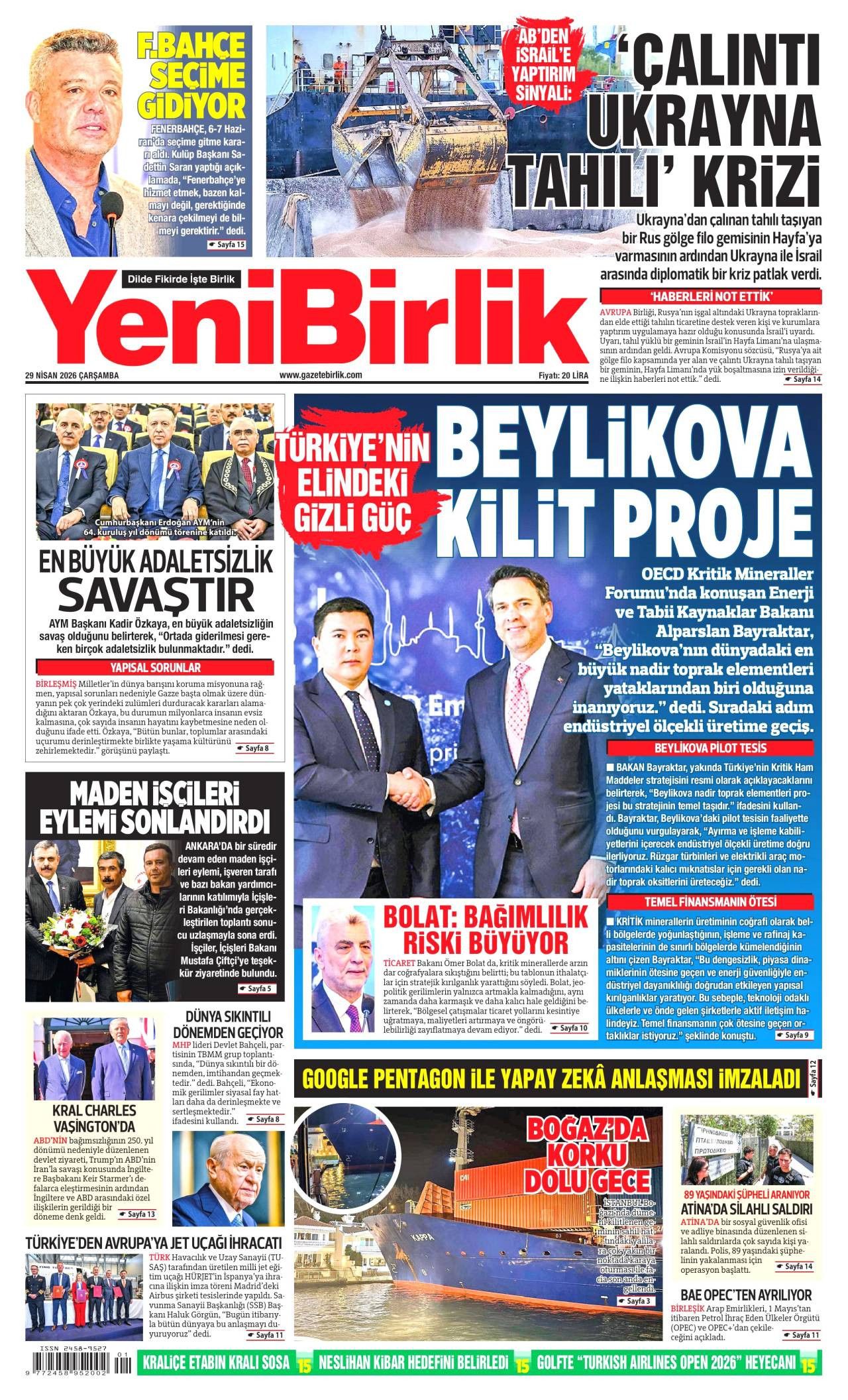 Yeni Birlik Gazetesi Gazete Manşeti